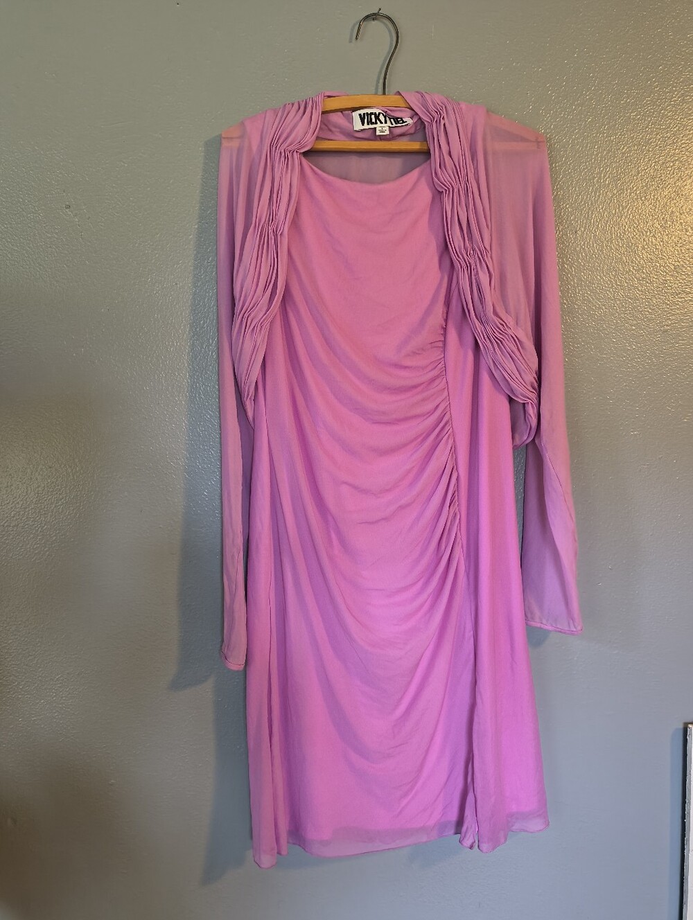 Vicky Tiel  Lilac Pink Ruched Long-Sleeve Dress